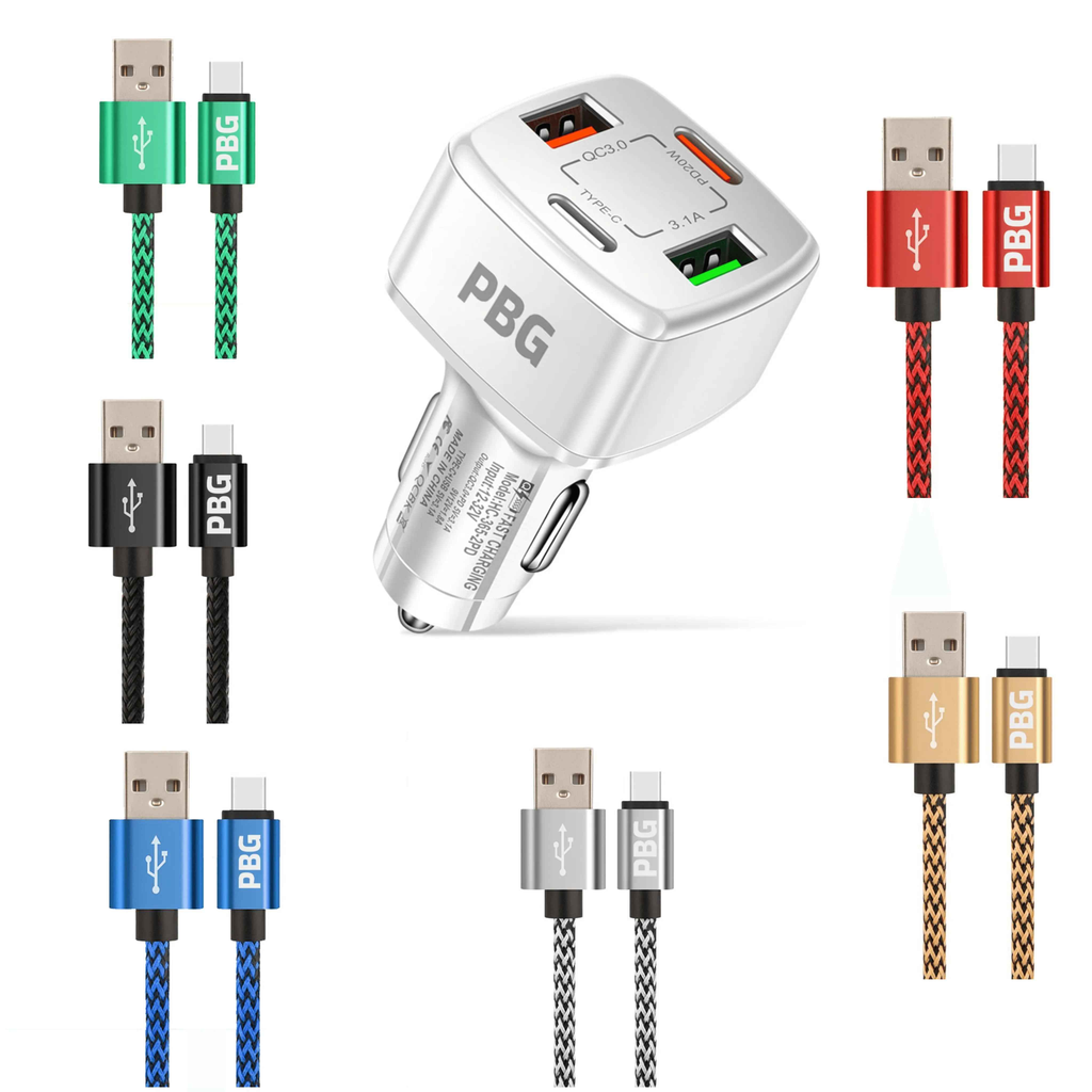 PBG White PD 4-Port Fast Car Charger with 10FT Zebra Style Wire iPhone Cable