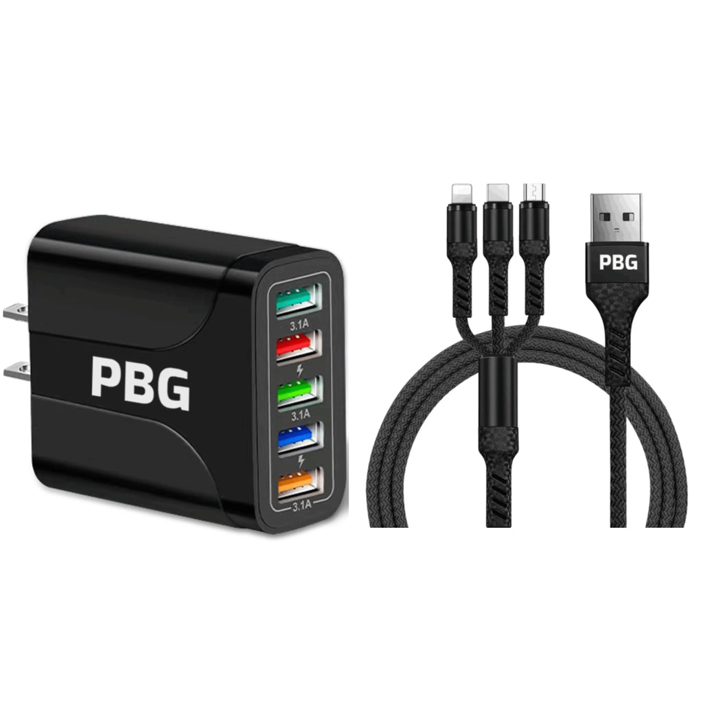 Black 5 port Led wall charger with iPhone, Android Type c, micro USB charging cable