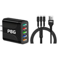 Black 5 port Led wall charger with iPhone, Android Type c, micro USB charging cable