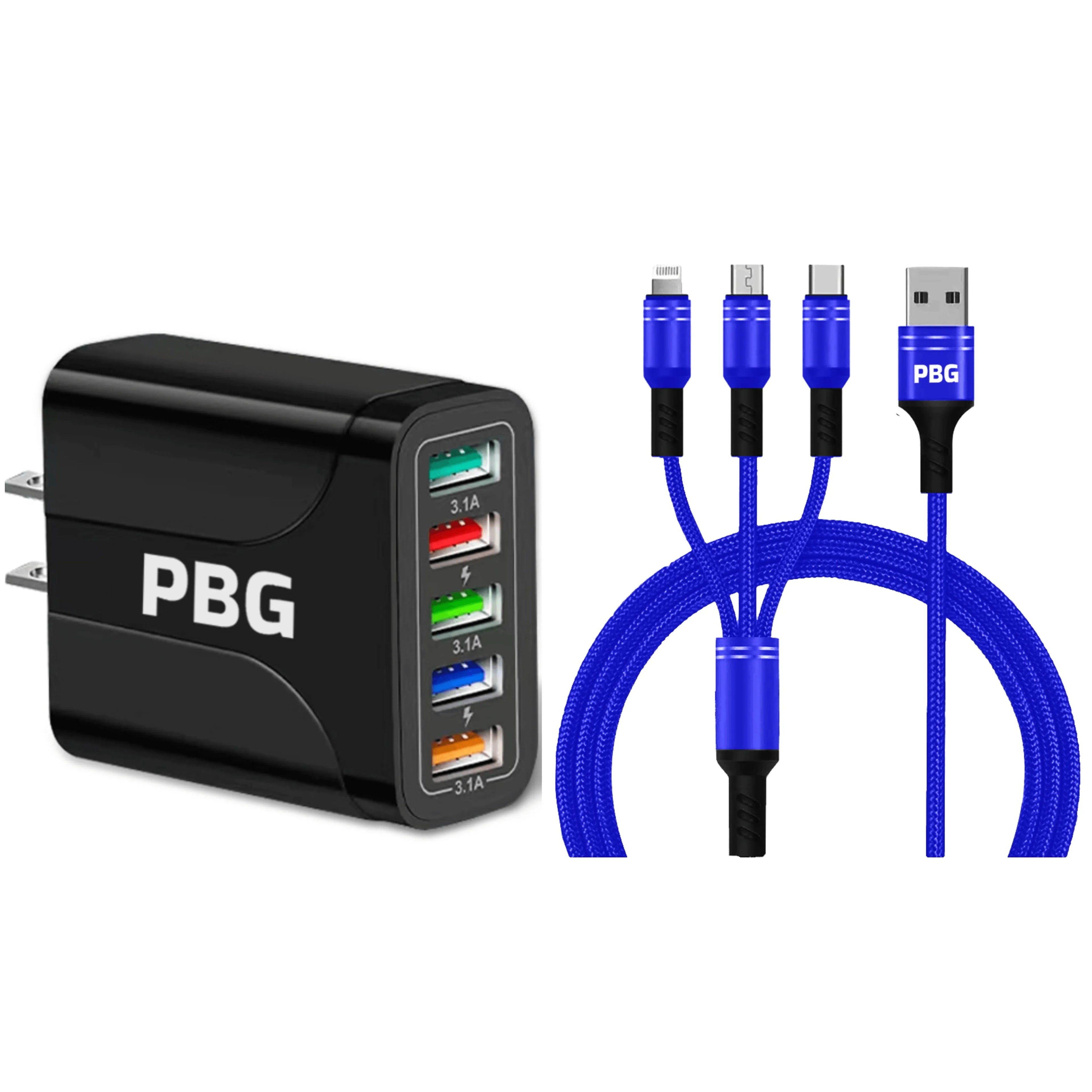 Blue 3 in 1 charging cable for iPhone and Android with 5-Port LED Wall Charger 3.0