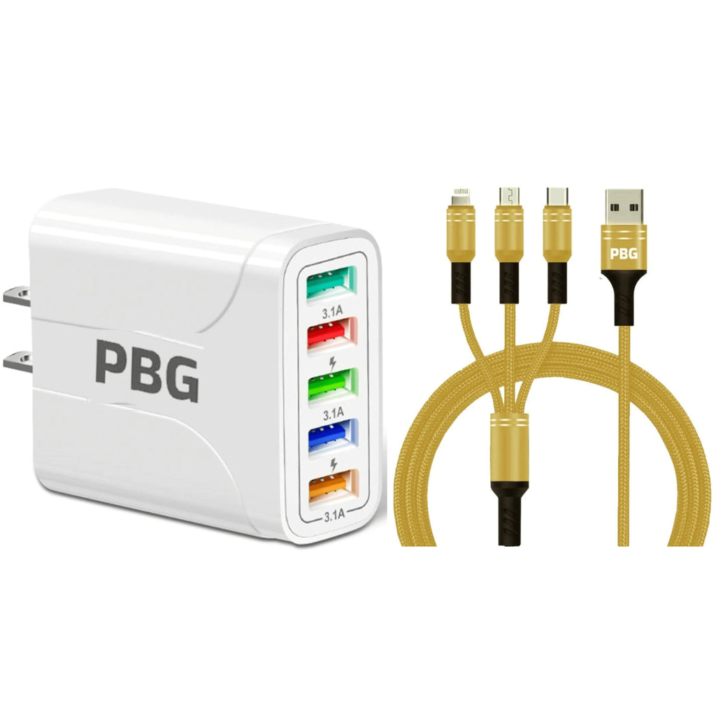 White Led 5 Port wall charger and 3 in 1 Yellow charging cable with (Micro USB, USB-C, iPhone) cable