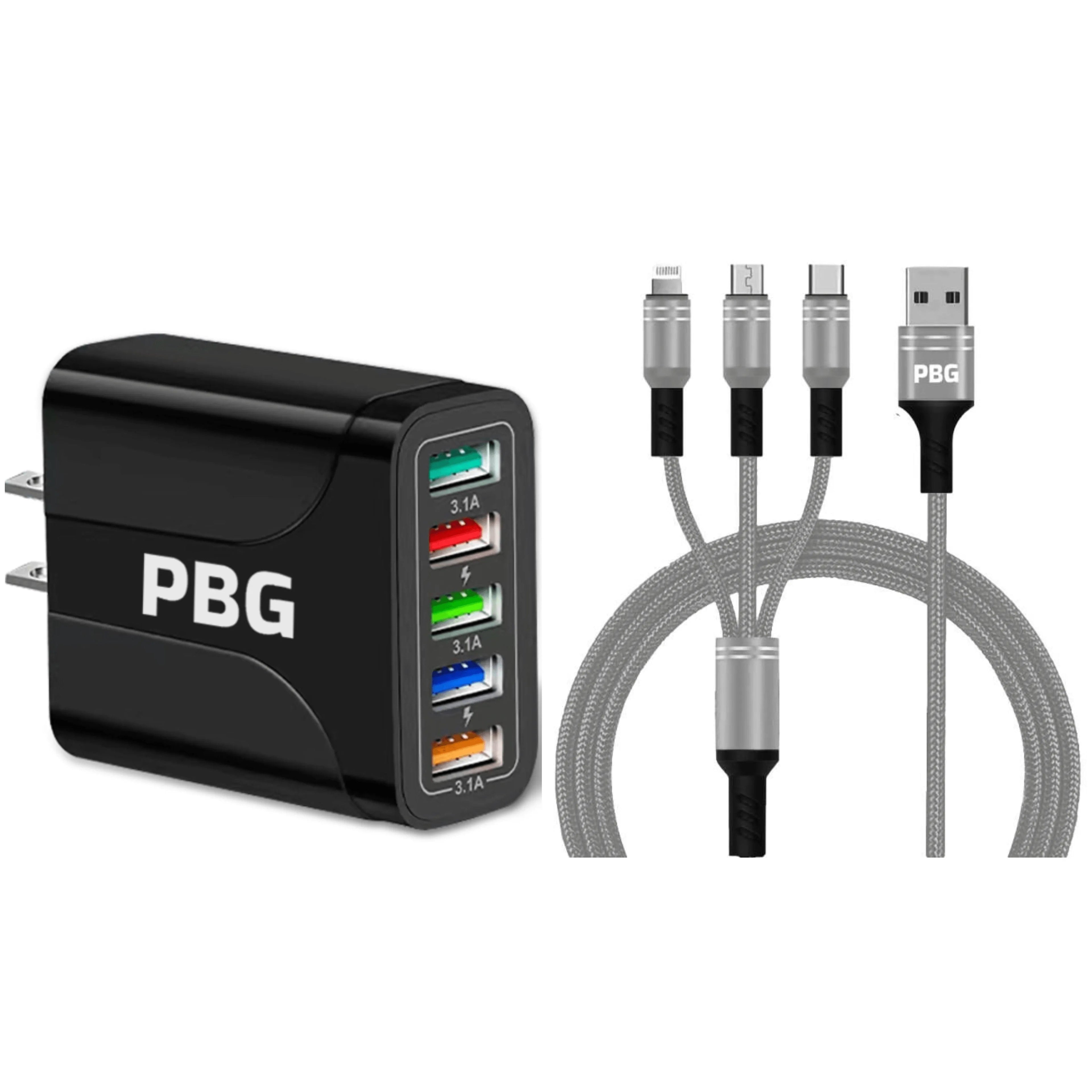 Silver charging cable for iPhone and Android with 5-Port LED Wall Charger 3.0