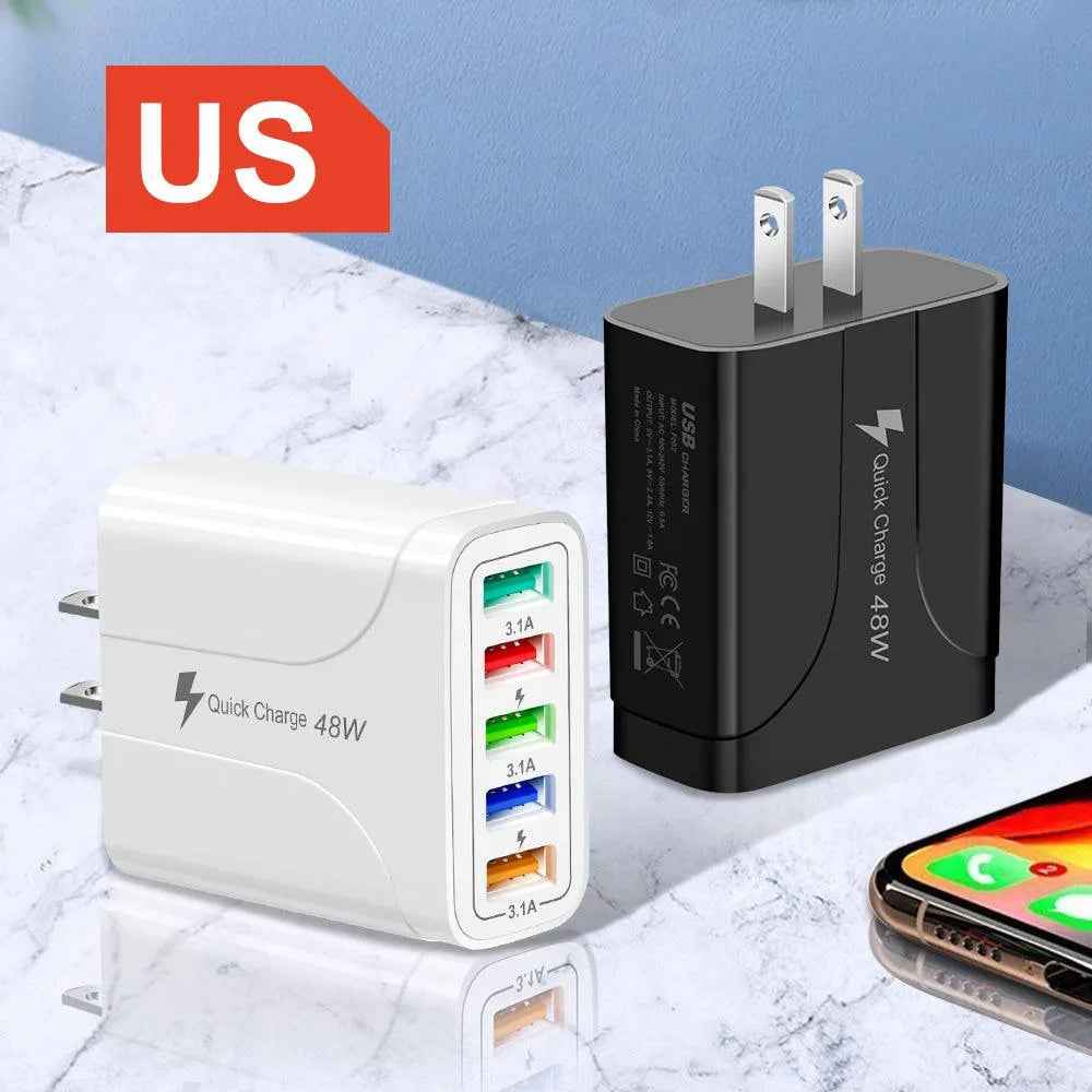 PBG White 5-Port LED Wall Charger & 3-in-1 Nylon Braided Fast Charging Cable