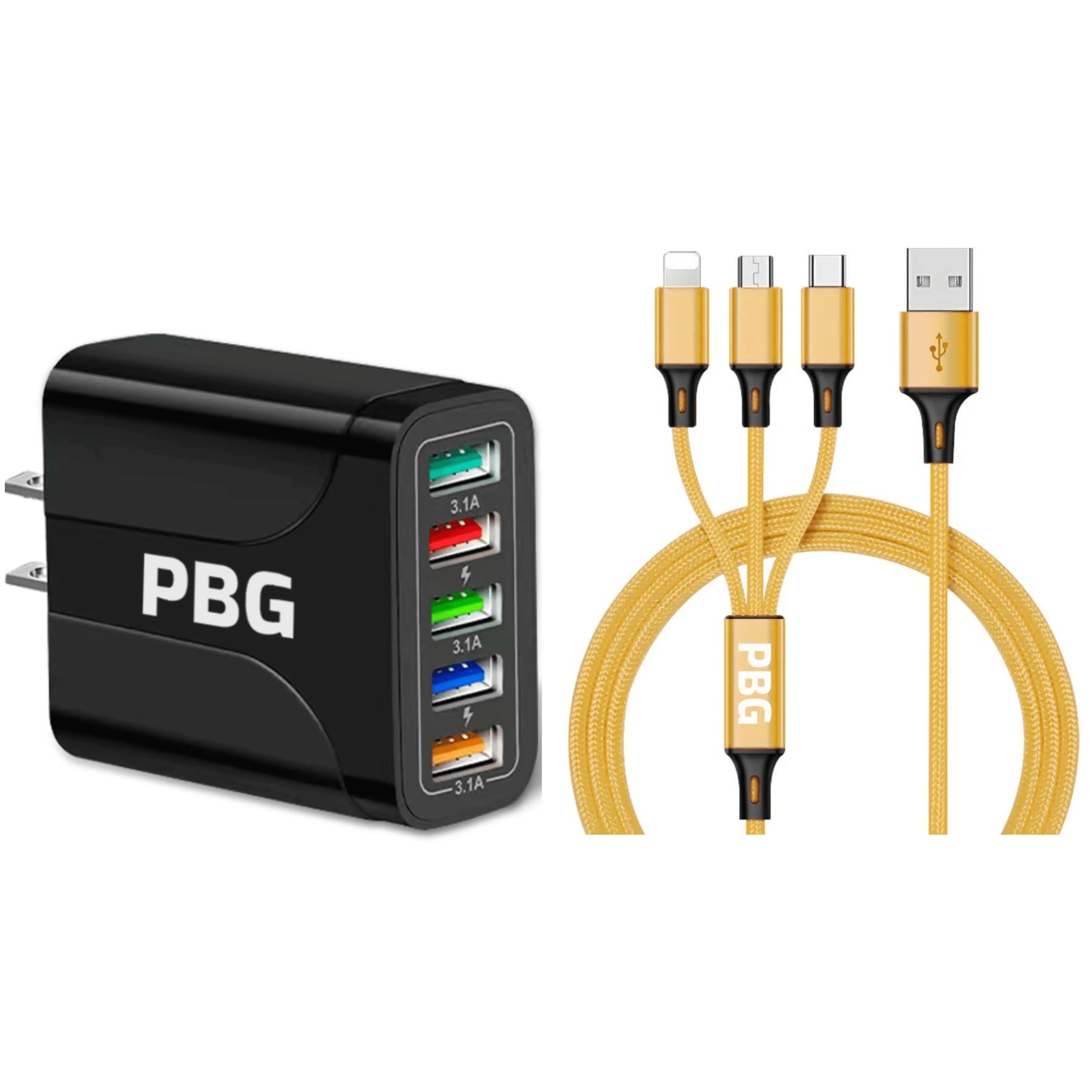 Yellow Nylon Braided fast charging cable 3 in 1  with 5 port wall charger with usb led