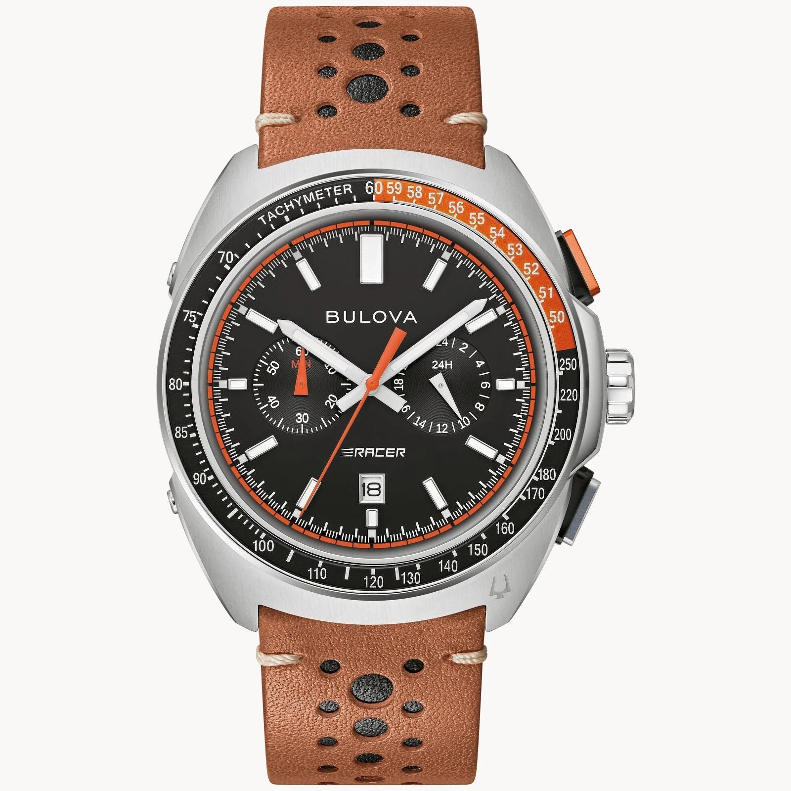 Bulova Watch Black Dial Leather Strap Racer Chronograph 98B427 New In Box
