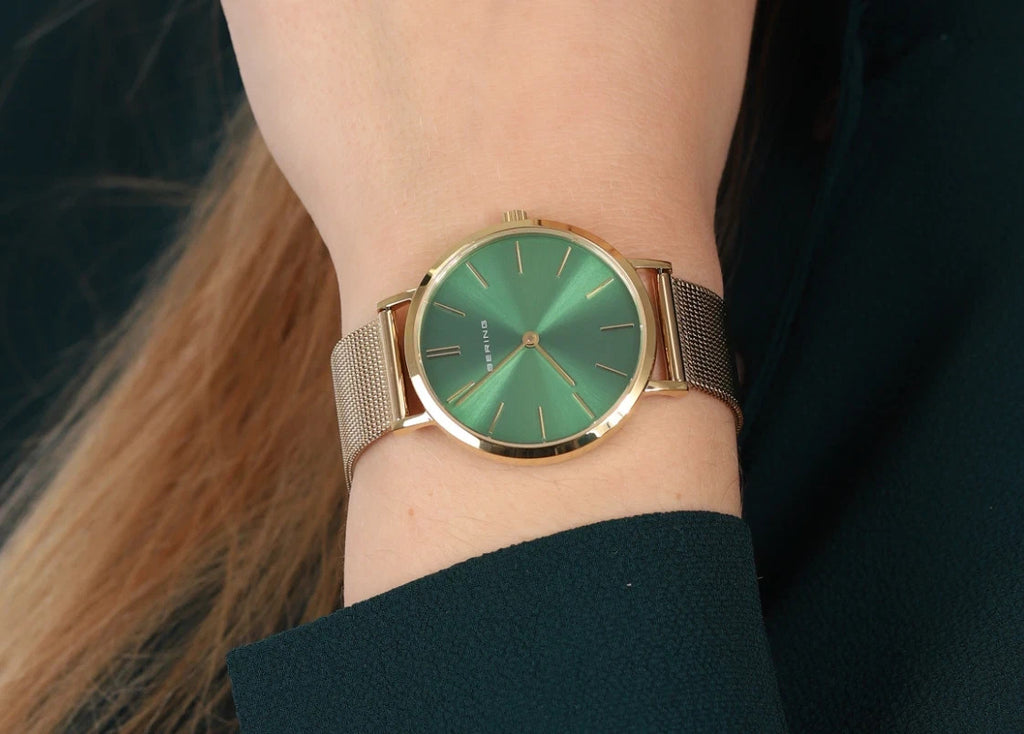 Bering Sapphire Crystal Green Dial Gold Tone Mesh Band Unisex Watch 14134-338
