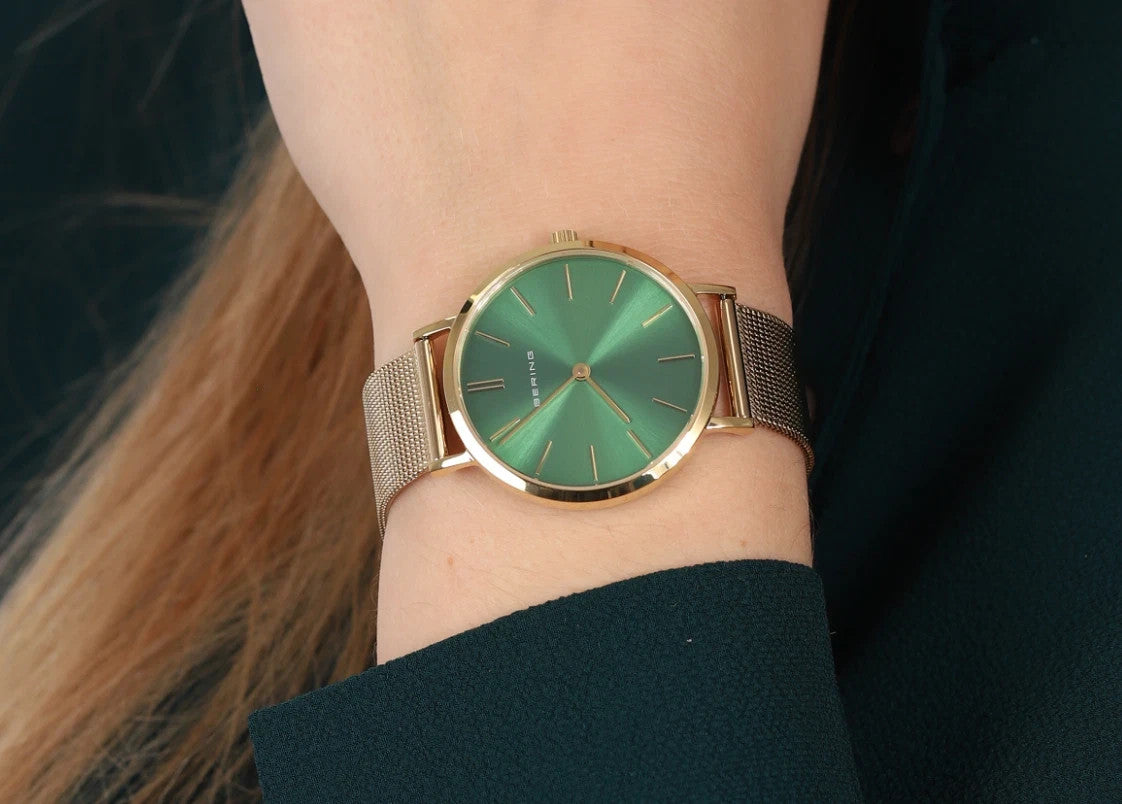 Bering Sapphire Crystal Green Dial Gold Tone Mesh Band Unisex Watch 14134-338