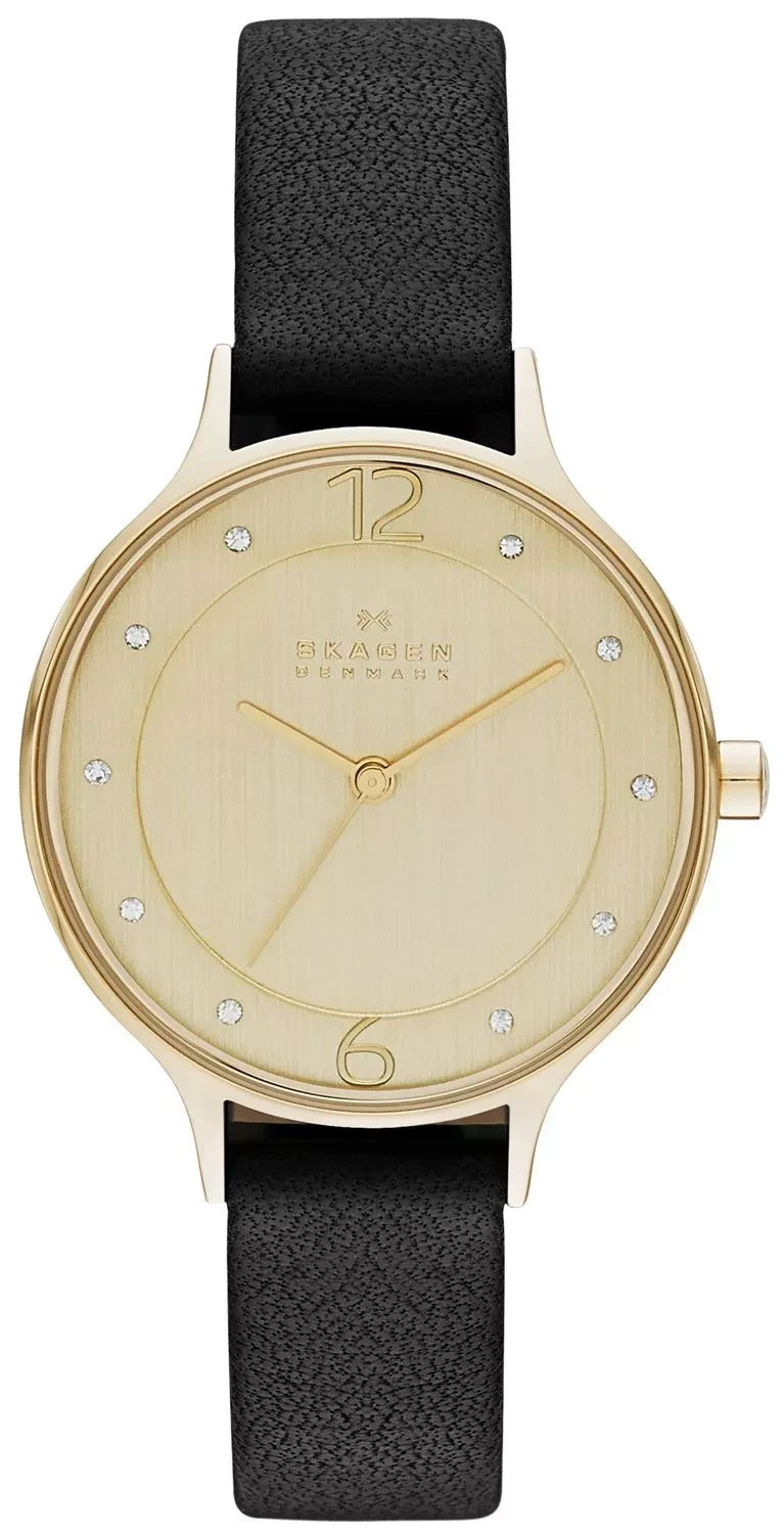Skagen SKW2266 Women Black Leather Analog Dial Quartz Genuine Wrist Watch New