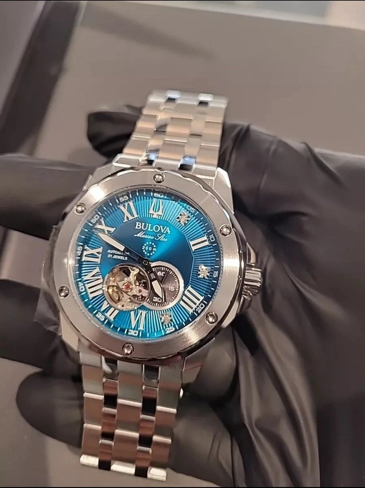 Bulova Automatic Marine Star Marc Anthony Blue Dial Diamond Mens Watch 98D184