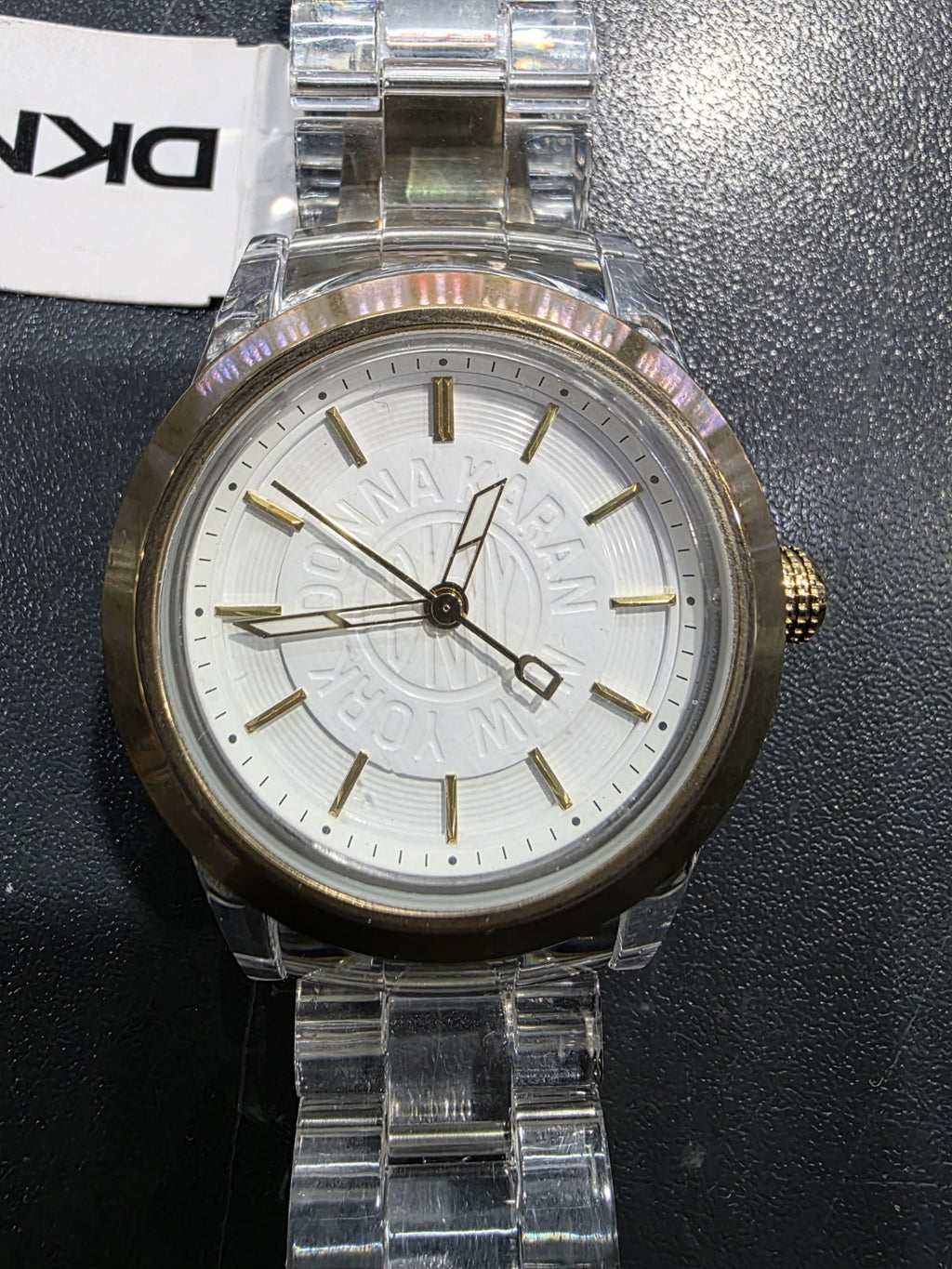 DKNY NY4850 Clear Plastic Resin Gold White Ladies Wrist Watch New