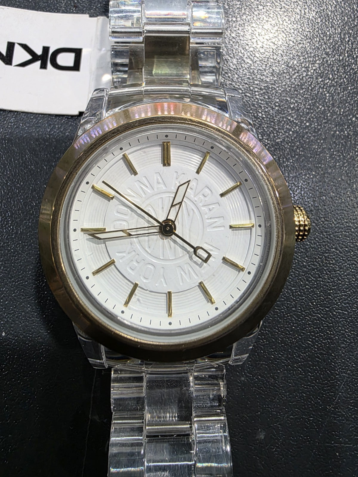 DKNY NY4850 Clear Plastic Resin Gold White Ladies Wrist Watch New