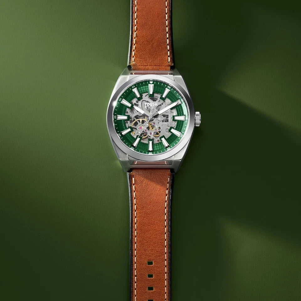 Fossil ME3261 Men's Everett Leather Band Green Dial Skeleton Automatic Watch New