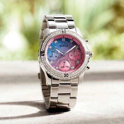 Guess Confetti Multicolored Dial Silver Steel Strap Watch For Women W0774L1 New