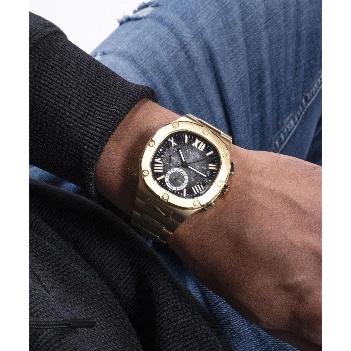 GUESS Men's Gold Tone Watch GW0572G2 Headline Black Dial 42mm Multi-function New