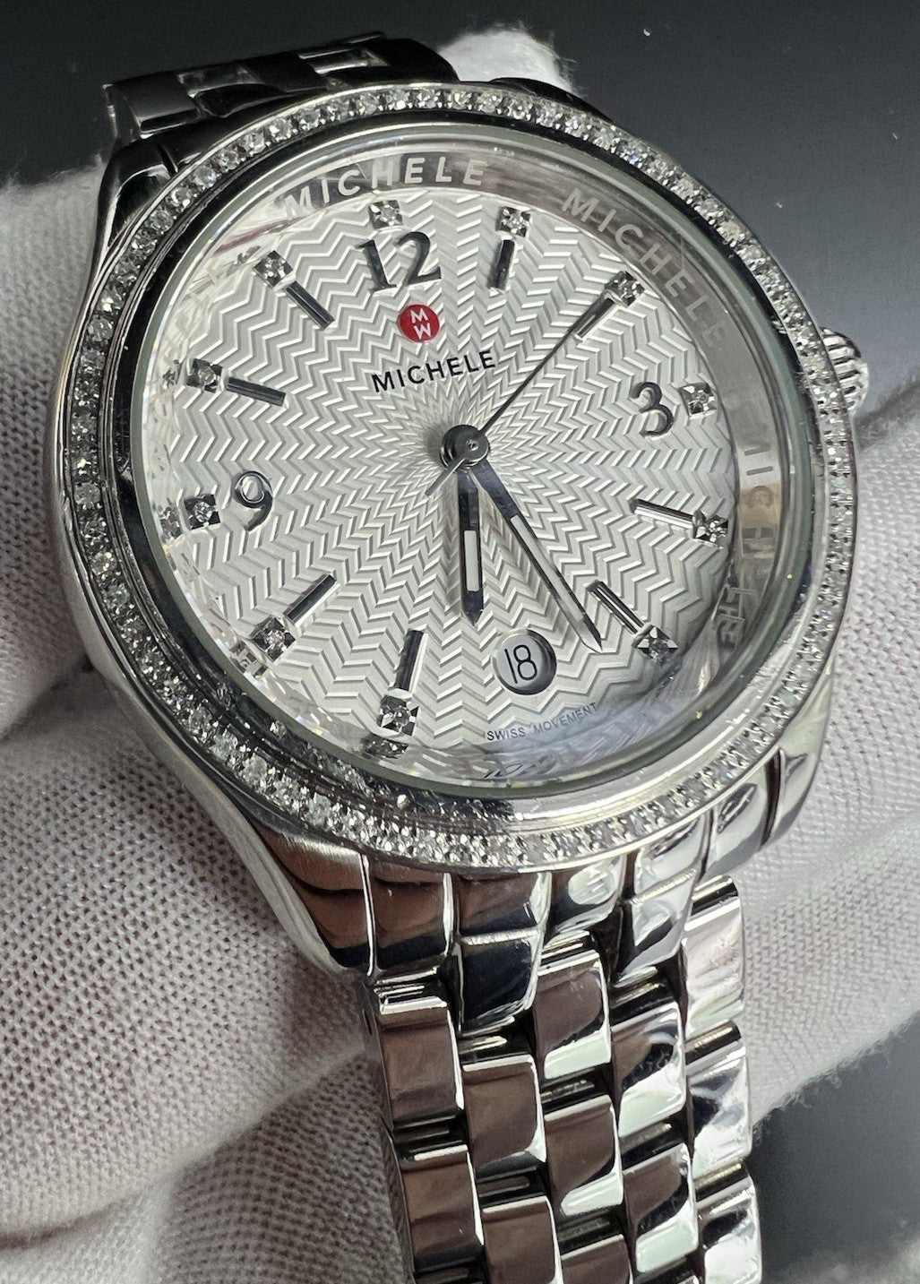 Michele Belmore Diamond Bezel with White Textured Dial Ladies Watch MWW29A000005 - product image