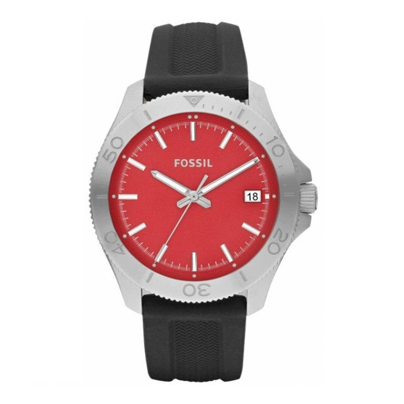New Fossil Men AM4445 Round Red Dial Silicone Black Band Sporty Watch