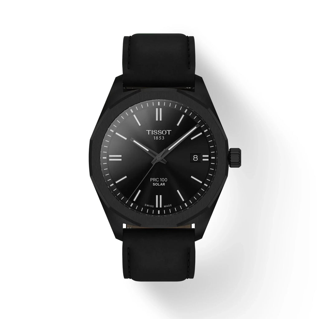 Tissot PRC 100 Solar Quartz 39mm Black Dial Leather Band Watch T1514223605100