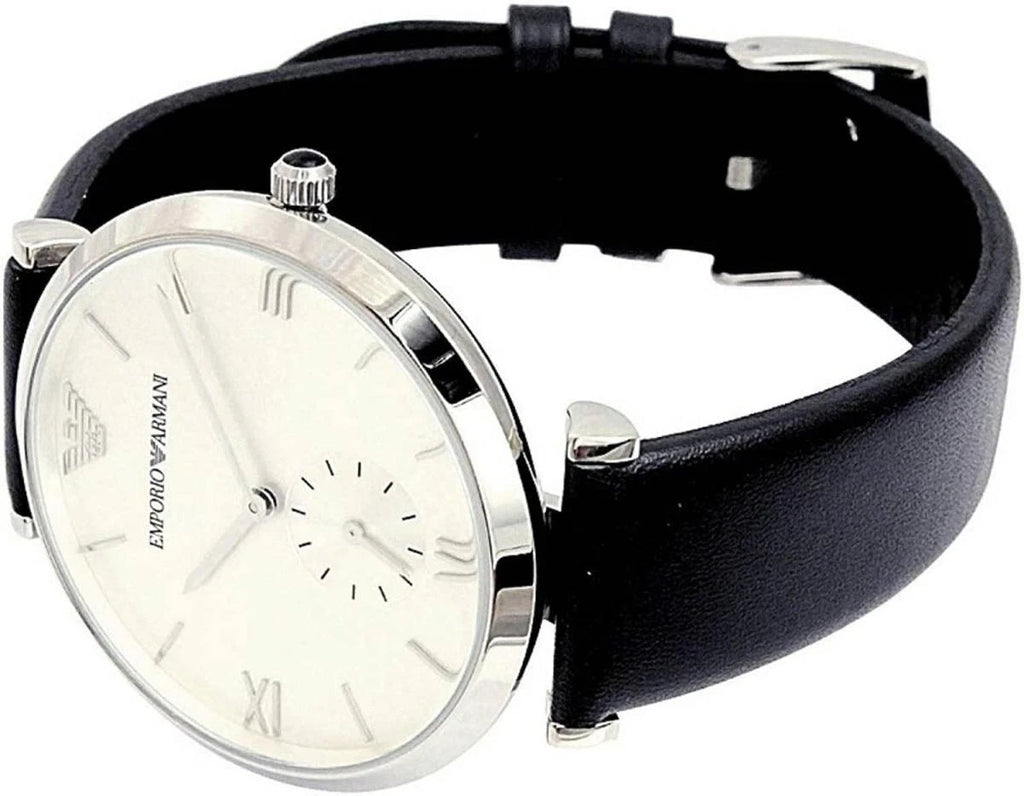Emporio Armani AR1674 Retro Analog Quartz Silver Dial Black Leather Strap Watch