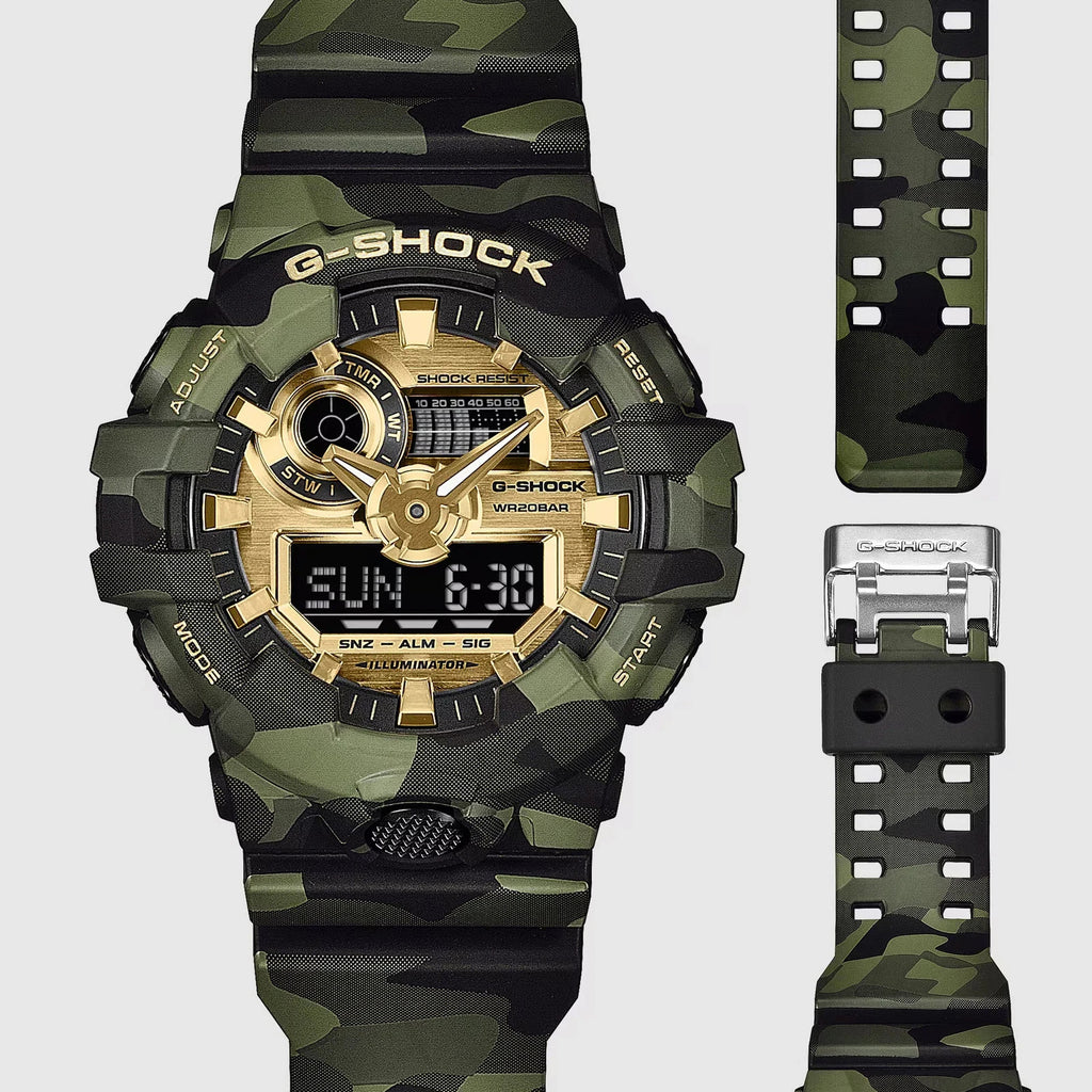 Casio G-Shock GA700CMG-3A Bold Camo and Gold Series Ana-Digi Resin New