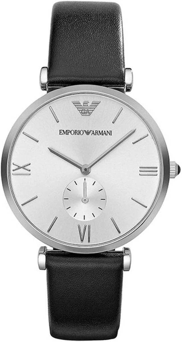Emporio Armani AR1674 Retro Analog Quartz Silver Dial Black Leather Strap Watch