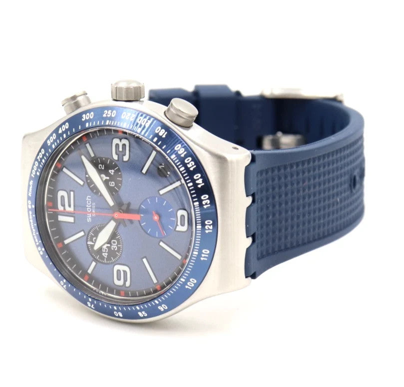 New Swiss Swatch IRONY BLUE GRID Chrono Silicone Date Watch 44mm YVS454 $210