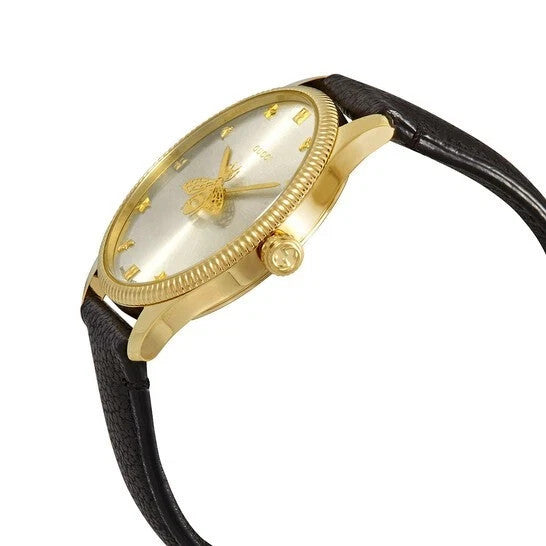 Gucci G-Timeless YA1264181 Quartz Silver Dial Black Leather Strap Watch New