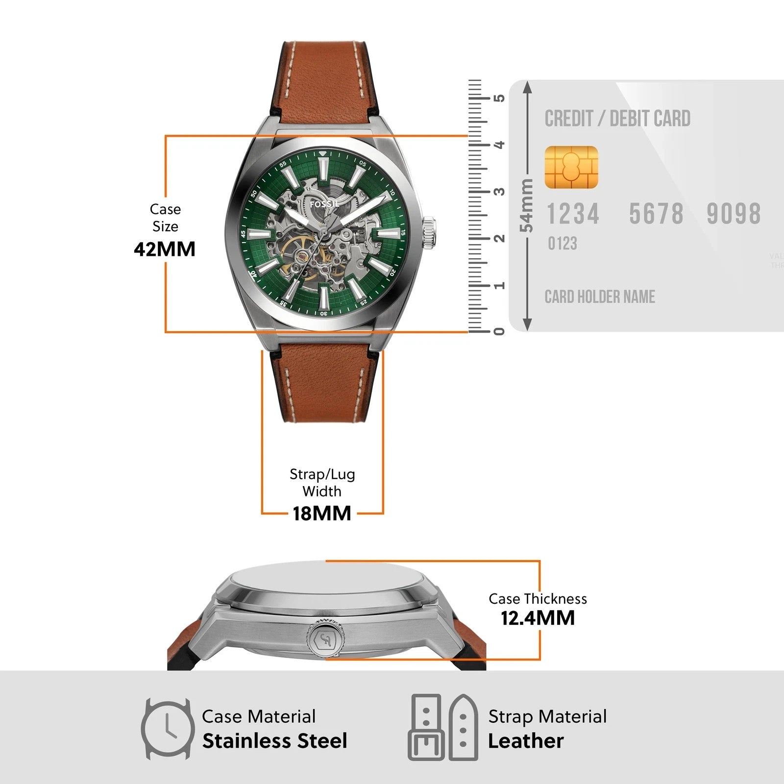 Fossil ME3261 Men's Everett Leather Band Green Dial Skeleton Automatic Watch New