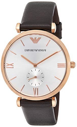 Emporio Armani AR9038 Classic Analog Silver Dial Brown Leather Strap Watch