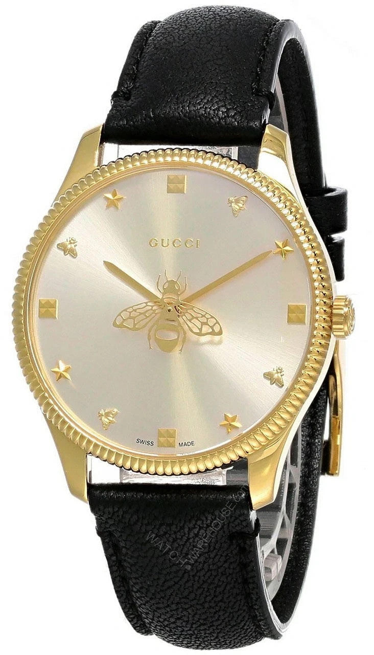Gucci G-Timeless YA1264181 Quartz Silver Dial Black Leather Strap Watch New