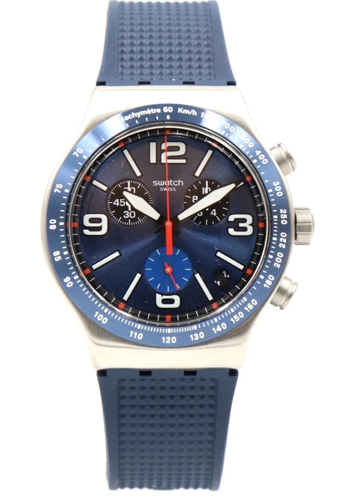 New Swiss Swatch IRONY BLUE GRID Chrono Silicone Date Watch 44mm YVS454 $210