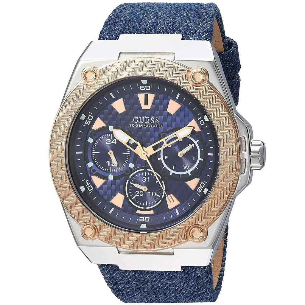 Guess Mens Legency 45mm Blue Leather Band Steel Case Quartz Analog Watch W1058G1