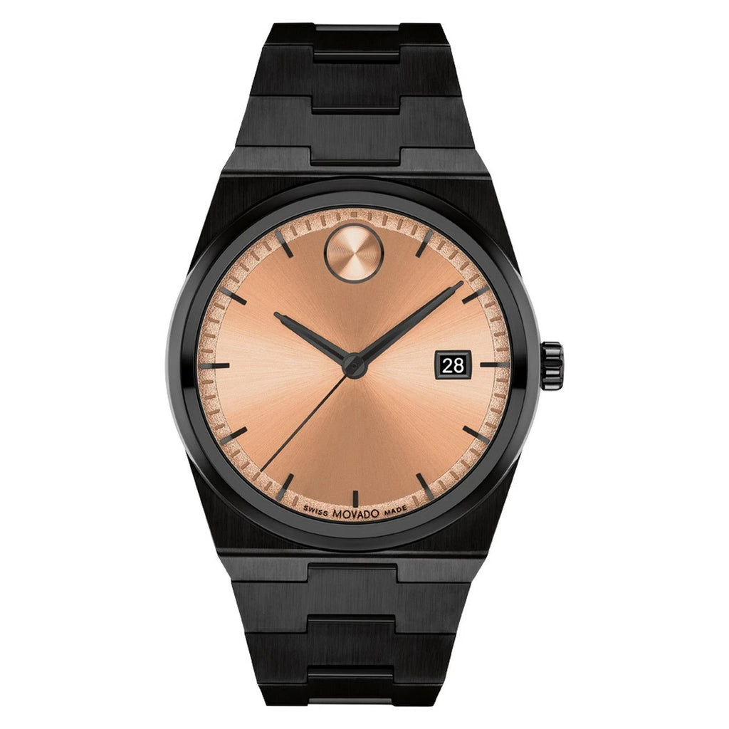 Movado Bold 3601244 Rose Gold Dial Black Stainless Steel Quartz 40mm Watch New