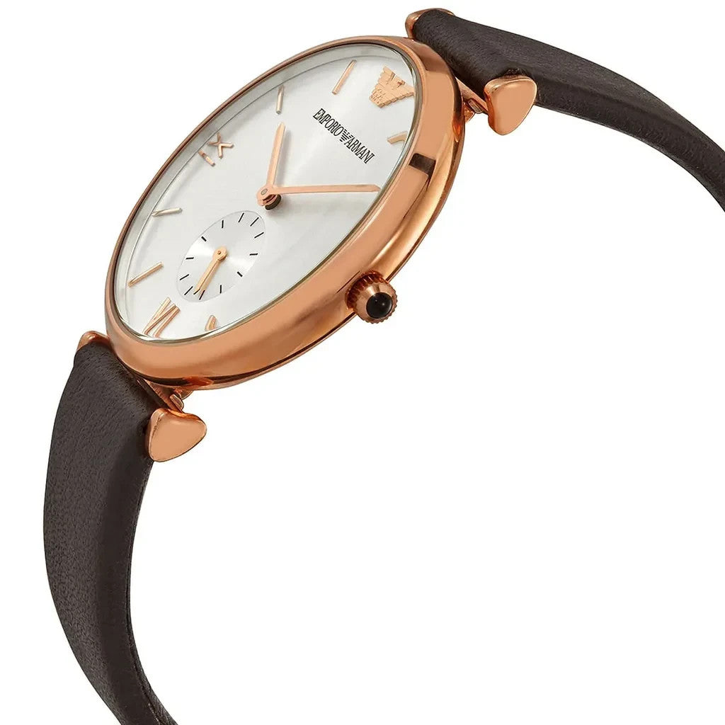 Emporio Armani AR9038 Classic Analog Silver Dial Brown Leather Strap Watch