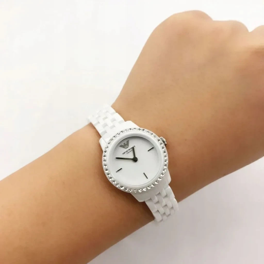 Emporio Armani AR1479 Ceramic White Ladies Watch With Crystal Bezel New
