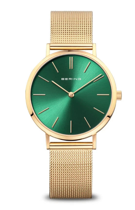 Bering Sapphire Crystal Green Dial Gold Tone Mesh Band Unisex Watch 14134-338