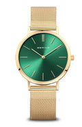 Bering Sapphire Crystal Green Dial Gold Tone Mesh Band Unisex Watch 14134-338