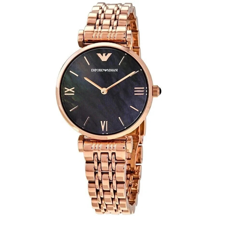 NEW EMPORIO ARMANI WOMENS WATCH AR11145 ROSE GOLD BRACELET & BLACK DIAL GENUINE