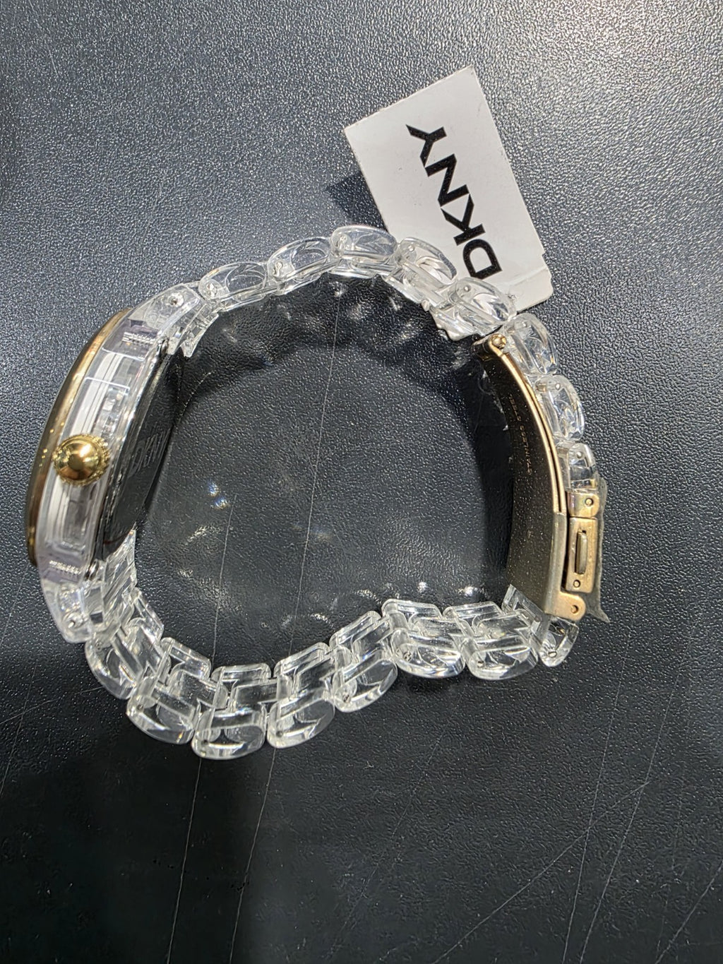 DKNY NY4850 Clear Plastic Resin Gold White Ladies Wrist Watch New