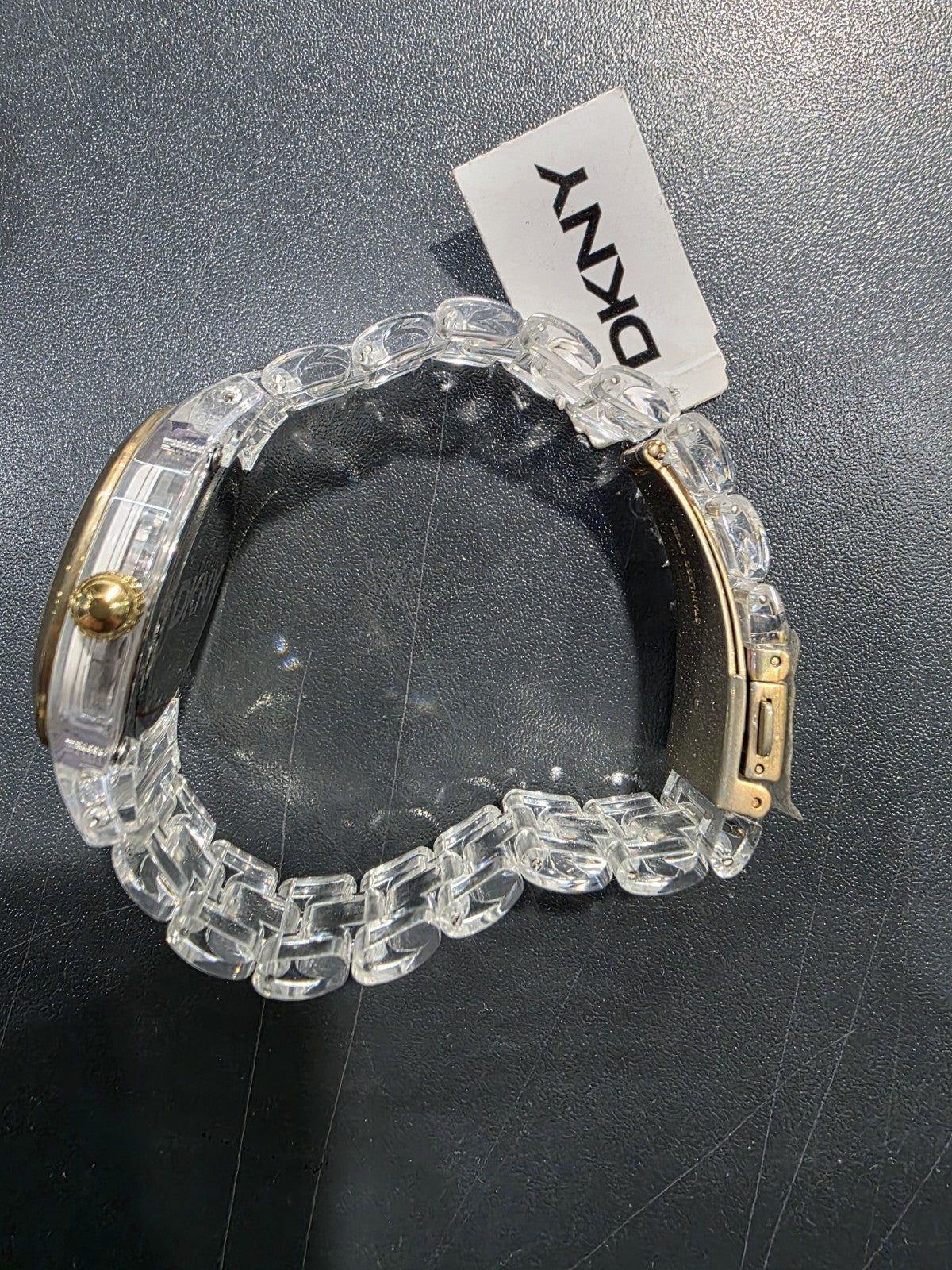 DKNY NY4850 Clear Plastic Resin Gold White Ladies Wrist Watch New