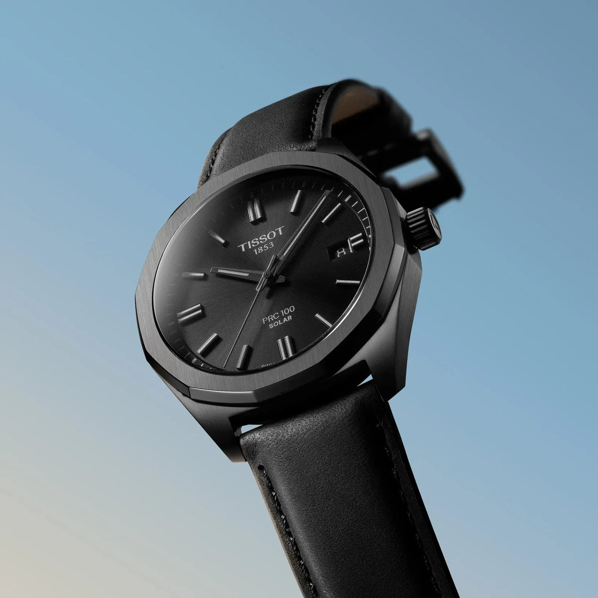 Tissot PRC 100 Solar Quartz 39mm Black Dial Leather Band Watch T1514223605100