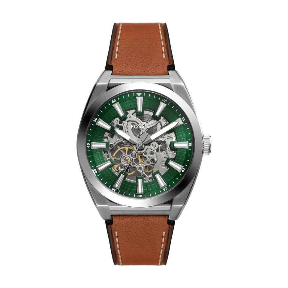 Fossil ME3261 Men's Everett Leather Band Green Dial Skeleton Automatic Watch New