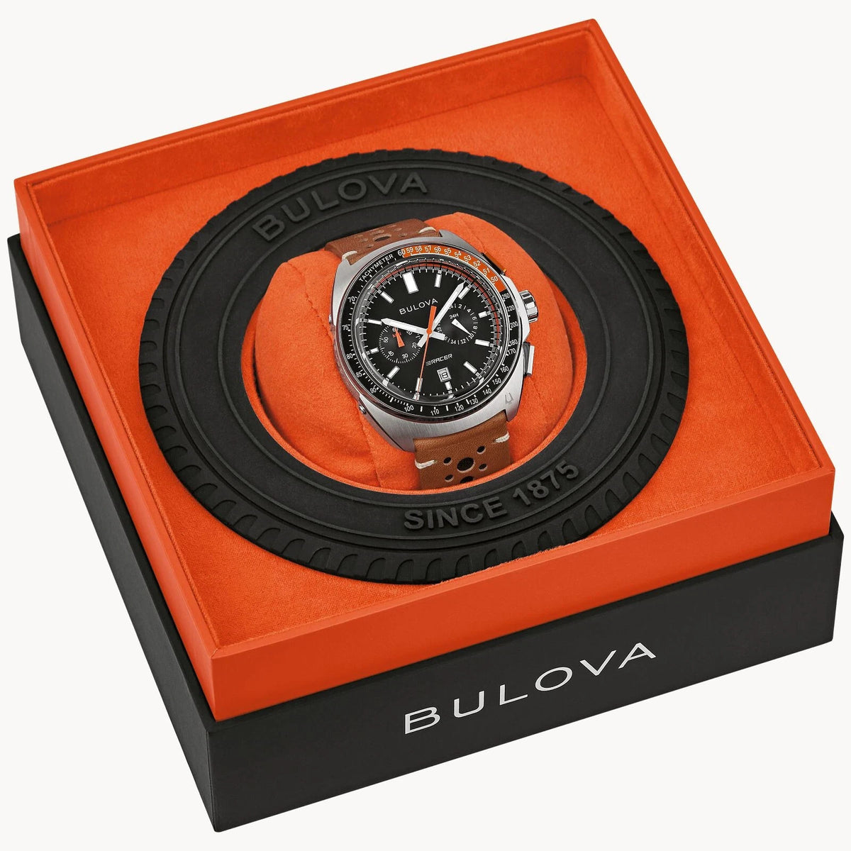 Bulova Watch Black Dial Leather Strap Racer Chronograph 98B427 New In Box