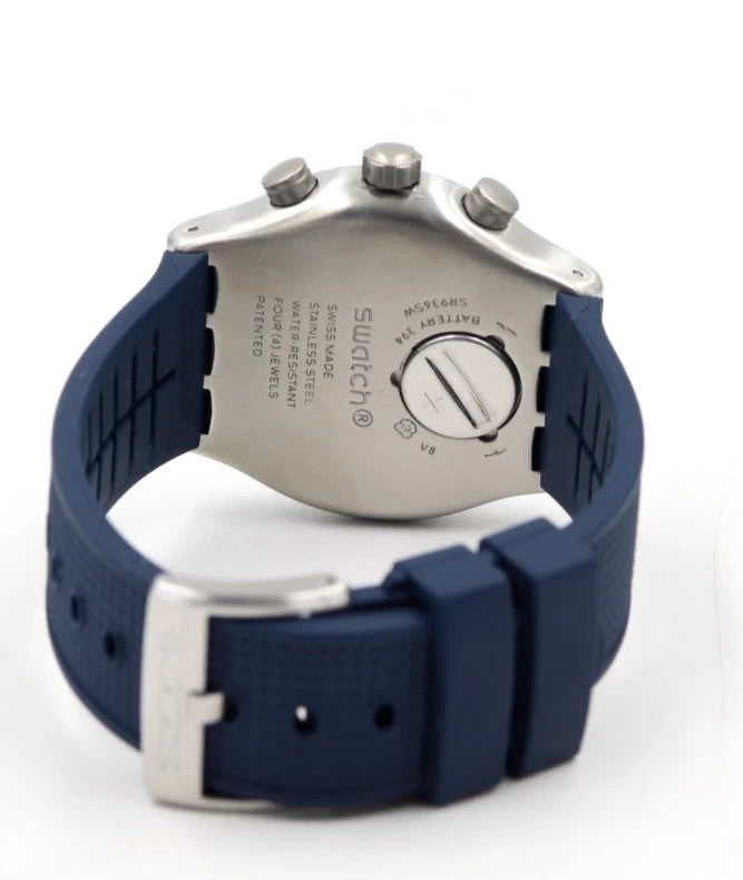 New Swiss Swatch IRONY BLUE GRID Chrono Silicone Date Watch 44mm YVS454 $210