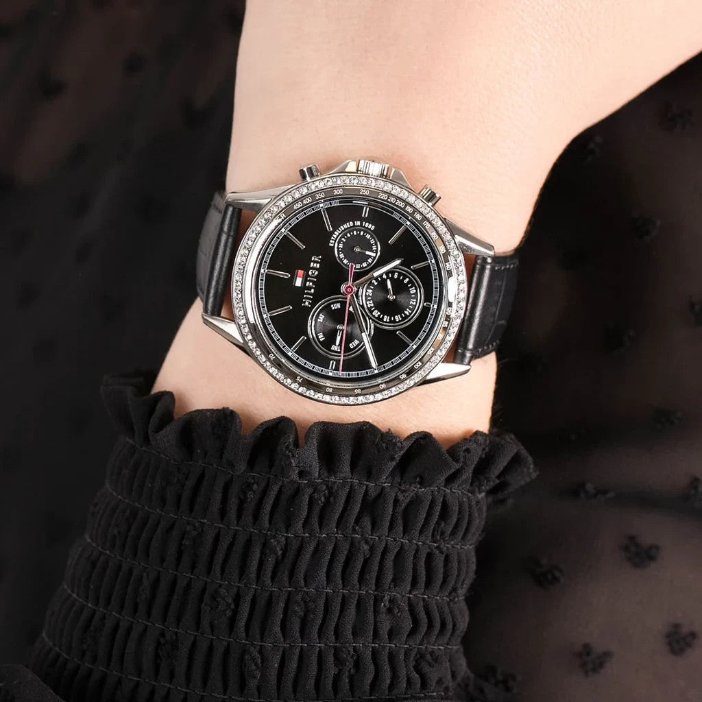 Tommy 1781981 Hilfiger Ari Diamonds Black Dial Leather Strap Watch for Women