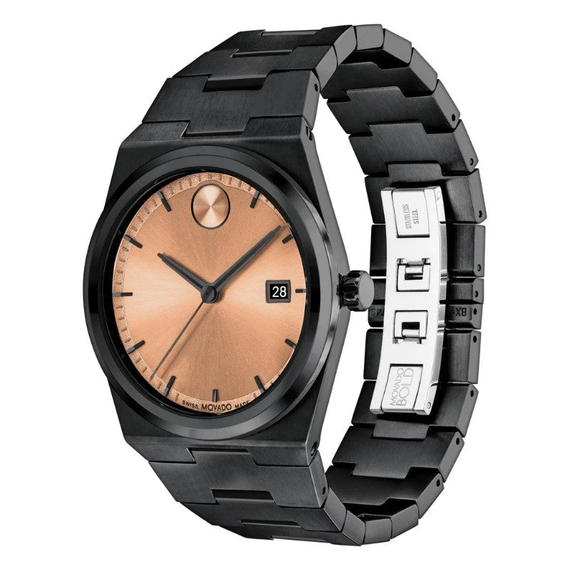 Movado Bold 3601244 Rose Gold Dial Black Stainless Steel Quartz 40mm Watch New