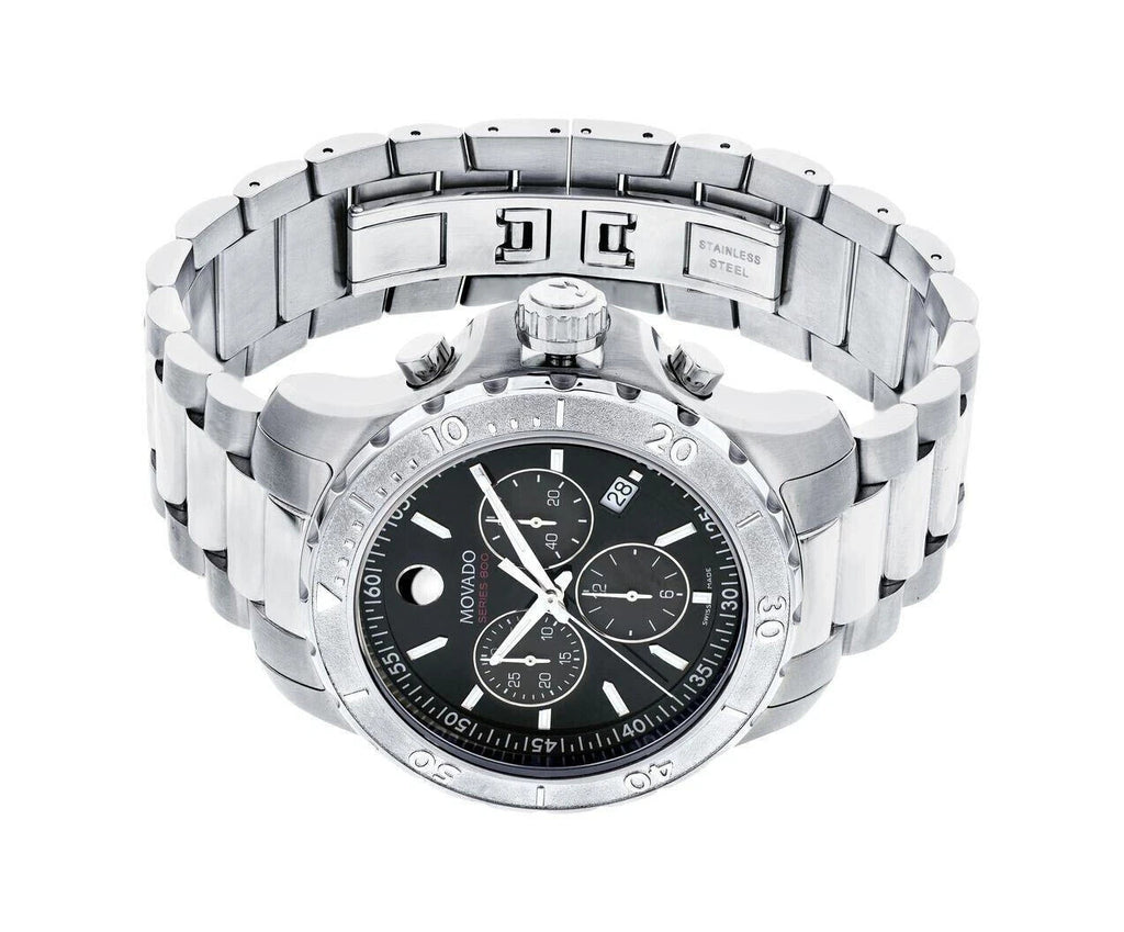 New Movado Series 800 Chronograph Black Dial Steel 2600110 Mens Swiss 42mm Watch