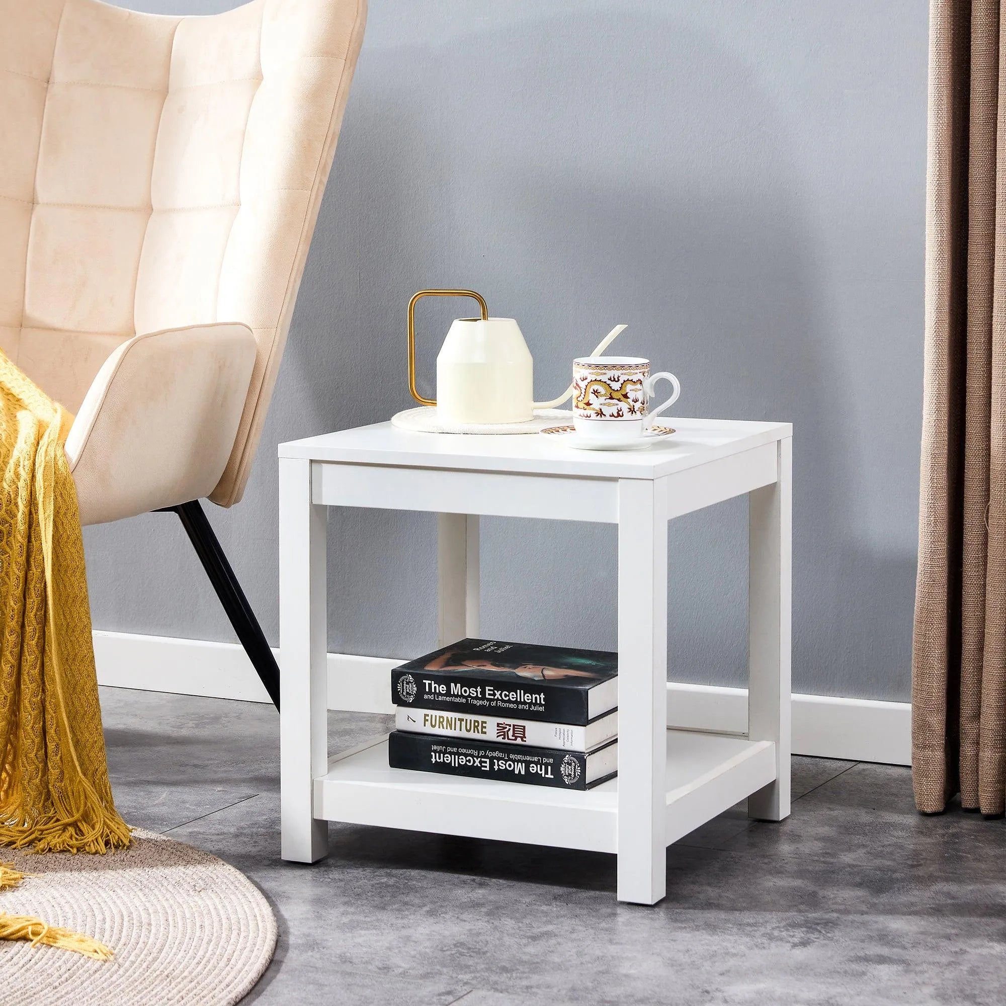 Simple white side table , 2-tier small space end table ,modern night stand, sofa table, side table with storage shelve - PremiumBrandGoods